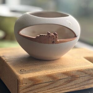 Vintage Tea Light Candle Holder - Clay Townscape Church hand carved & Painted.